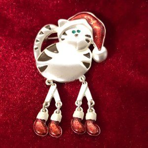 Vintage Christmas Enamel Santa Cat Pin Brooch
